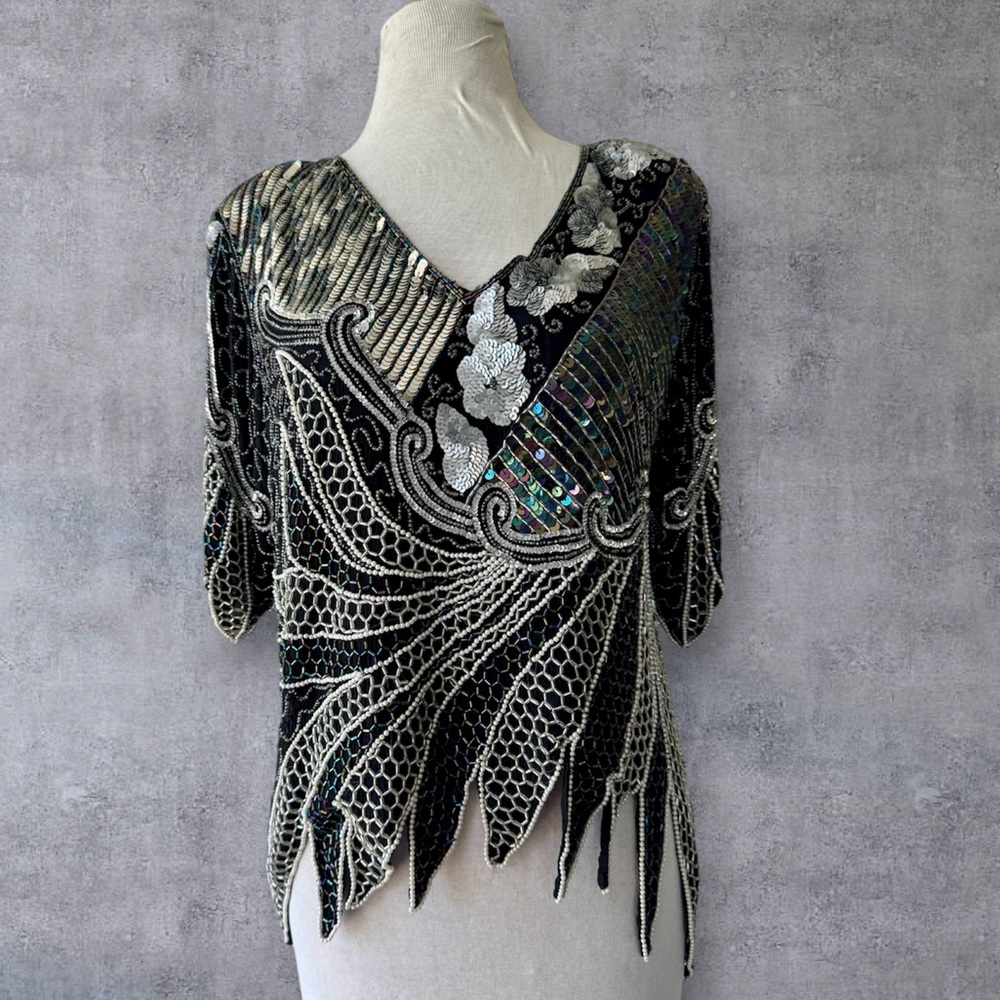 Vtg Maharaj Black Silver Silk Sequin Beaded Art Deco Top Sz L Boho Party Holiday